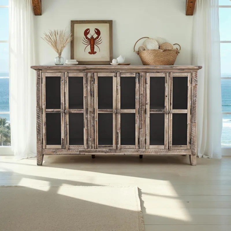 Rustic Shores 70\" Coastal Distressed Acacia Six-Door Accent Cabinet