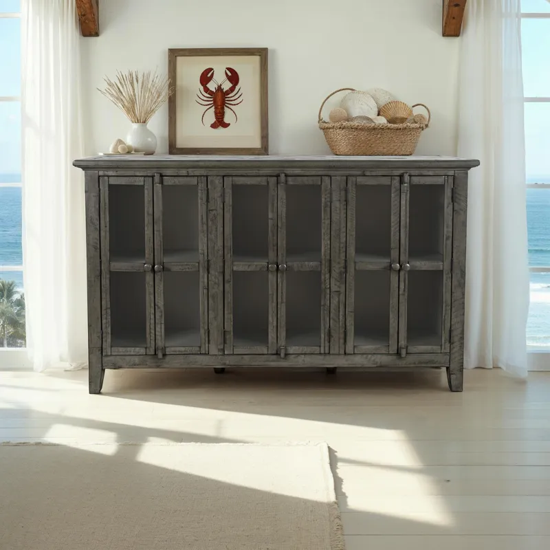 Rustic Shores 70\" Coastal Distressed Acacia Six-Door Accent Cabinet