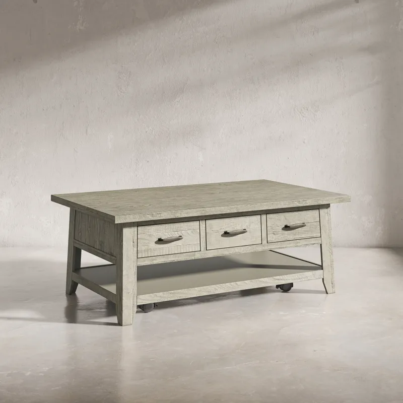 Telluride Rustic Farmhouse Solid Wood 50\" Coffee Table With Caster Wheels And Pull-Through Drawers