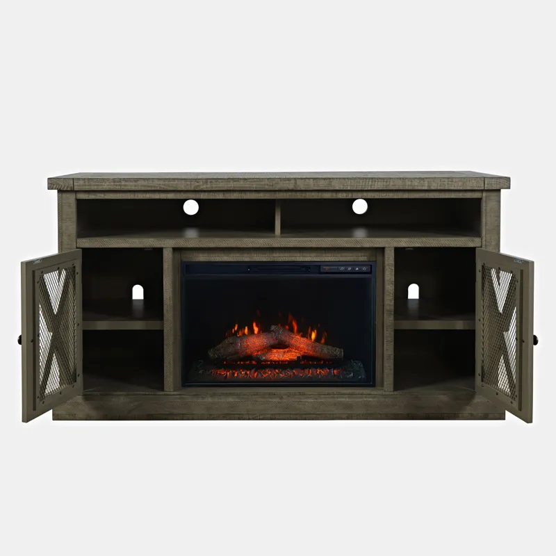 Telluride Rustic Farmhouse Solid Wood 60\" Storage Console TV Stand With Electric Fireplace