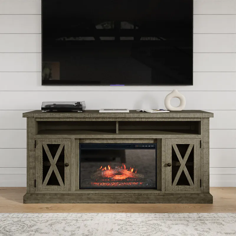 Telluride Rustic Farmhouse Solid Wood 60\" Storage Console TV Stand With Electric Fireplace