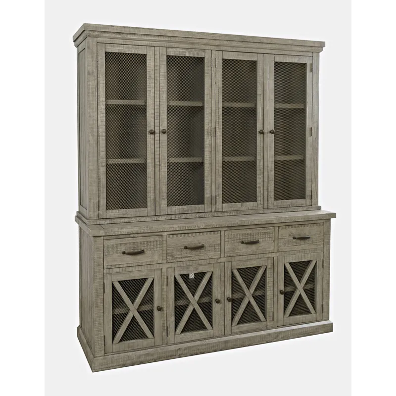 Telluride Rustic Farmhouse Solid Wood Sideboard Buffet Hutch With LED Lights