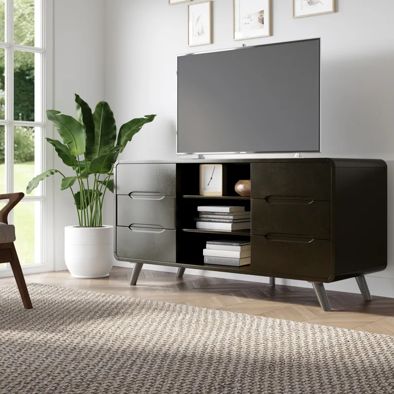Marlowe Mid-Century Modern 64\" Curved Media Console TV Stand With Tapered Legs And Storage Drawers