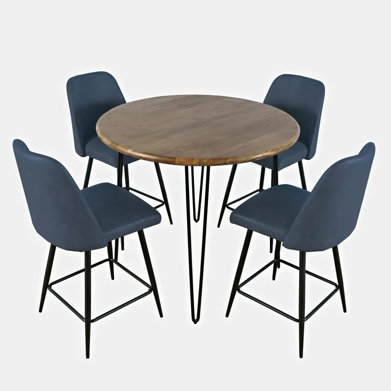 Brennan Five Piece Round Modern Solid Wood Counter Height Dining Set With Upholstered Barstools
