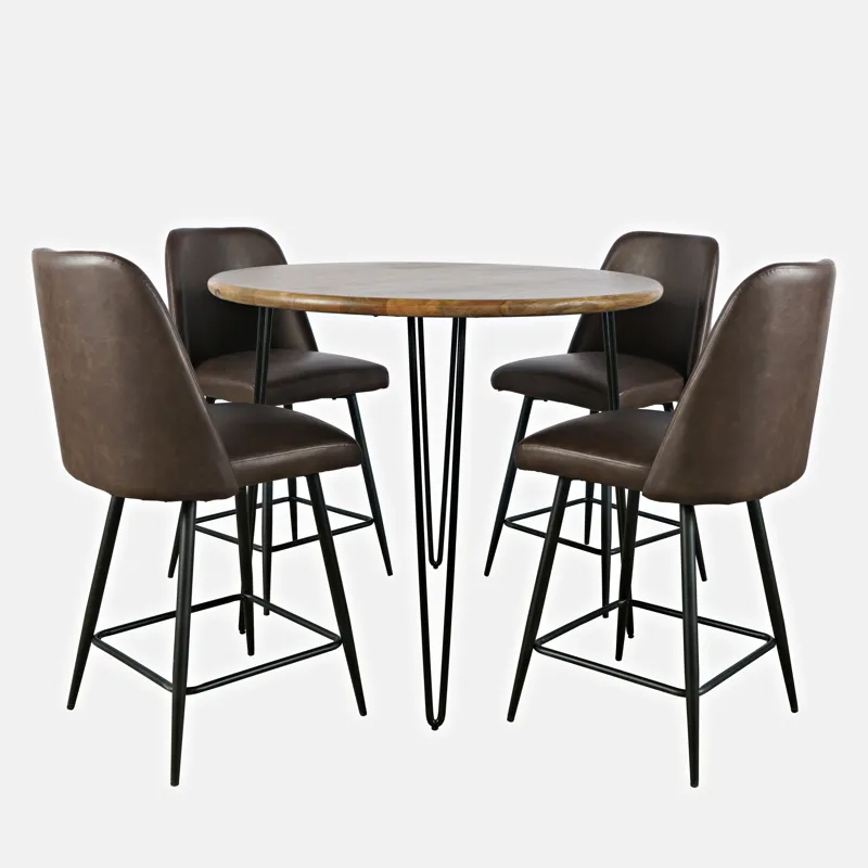 Brennan Five Piece Round Modern Solid Wood Counter Height Dining Set With Upholstered Barstools