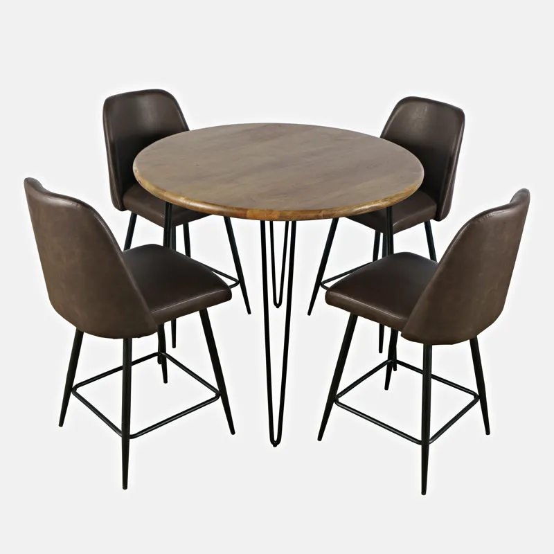 Brennan Five Piece Round Modern Solid Wood Counter Height Dining Set With Upholstered Barstools