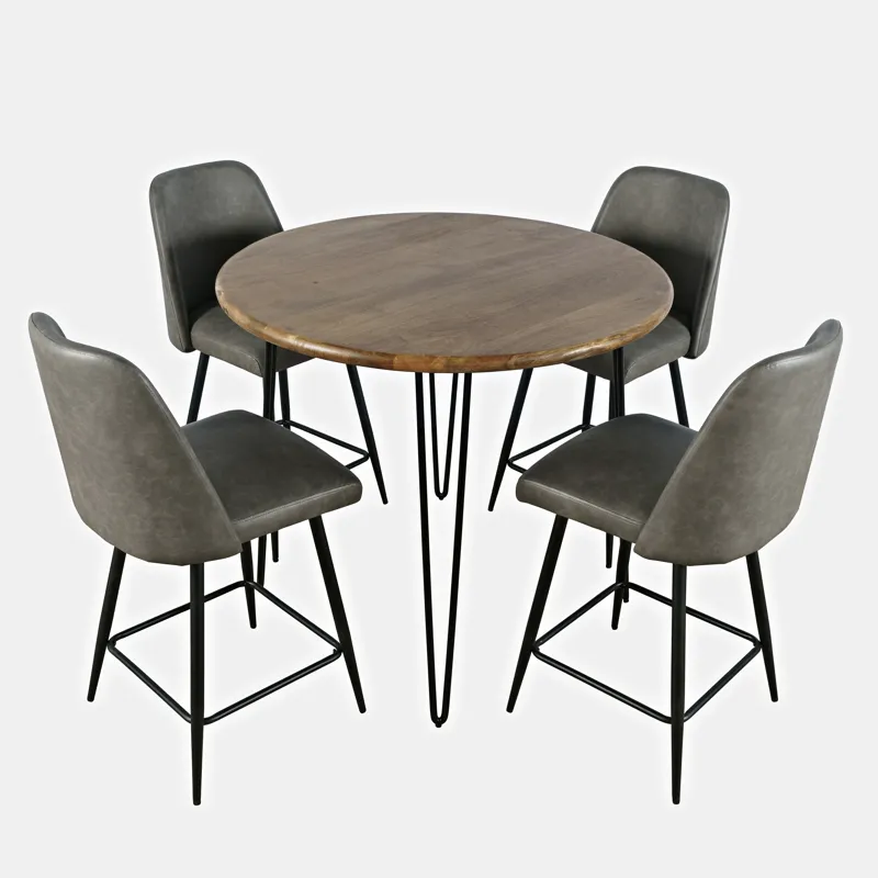 Brennan Five Piece Round Modern Solid Wood Counter Height Dining Set With Upholstered Barstools