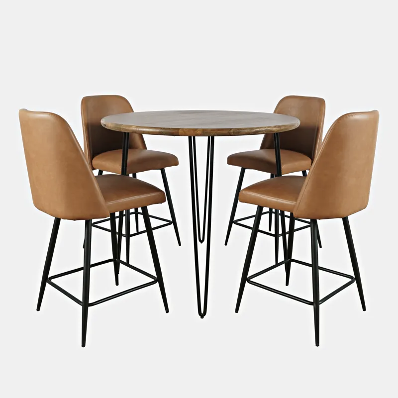 Brennan Five Piece Round Modern Solid Wood Counter Height Dining Set With Upholstered Barstools