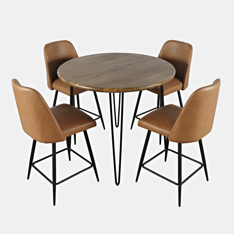 Brennan Five Piece Round Modern Solid Wood Counter Height Dining Set With Upholstered Barstools