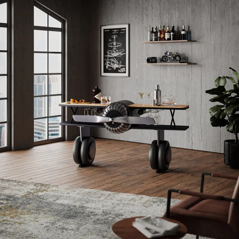 Glory Days Maverick 72\" Airplane Bar Aviator Lounge Console Table With Reclaimed Hardware And Stora