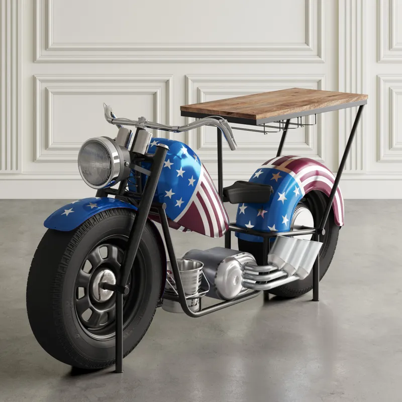 Glory Days 70\" Patriotic American Flag Motorcycle Bar Console Table With Storage And Ice Bucket