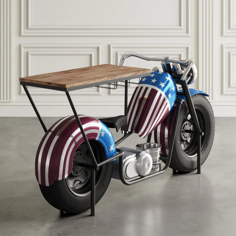 Glory Days 70\" Patriotic American Flag Motorcycle Bar Console Table With Storage And Ice Bucket