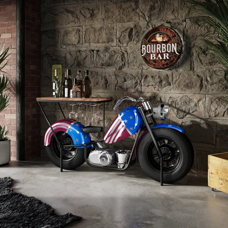 Glory Days 70\" Patriotic American Flag Motorcycle Bar Console Table With Storage And Ice Bucket
