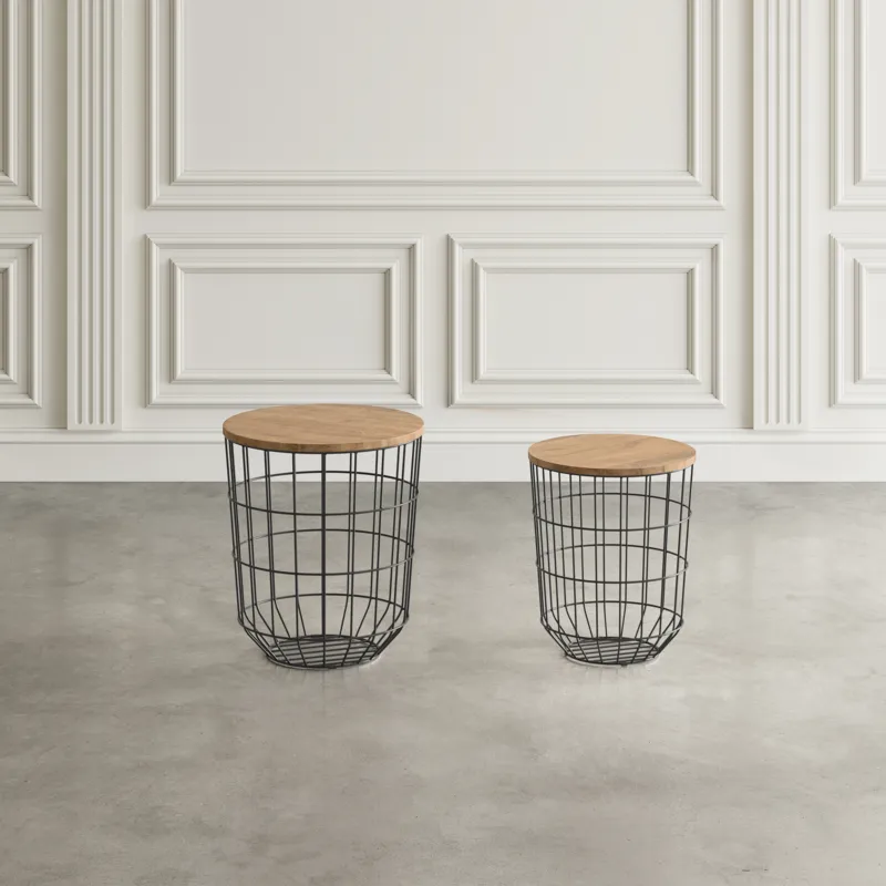 Global Archive Nested Storage Solid Wood And Metal Basket End Tables(Set Of 2)