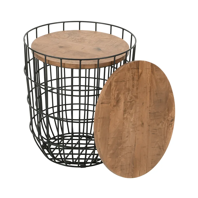 Global Archive Nested Storage Solid Wood And Metal Basket End Tables(Set Of 2)