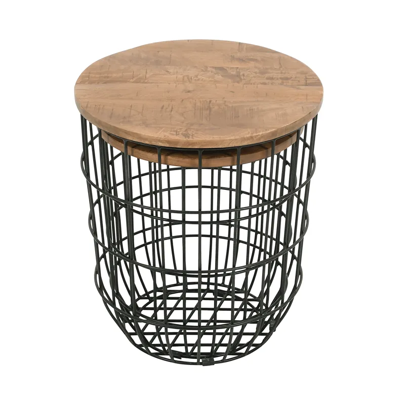 Global Archive Nested Storage Solid Wood And Metal Basket End Tables(Set Of 2)
