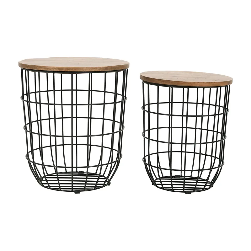Global Archive Nested Storage Solid Wood And Metal Basket End Tables(Set Of 2)