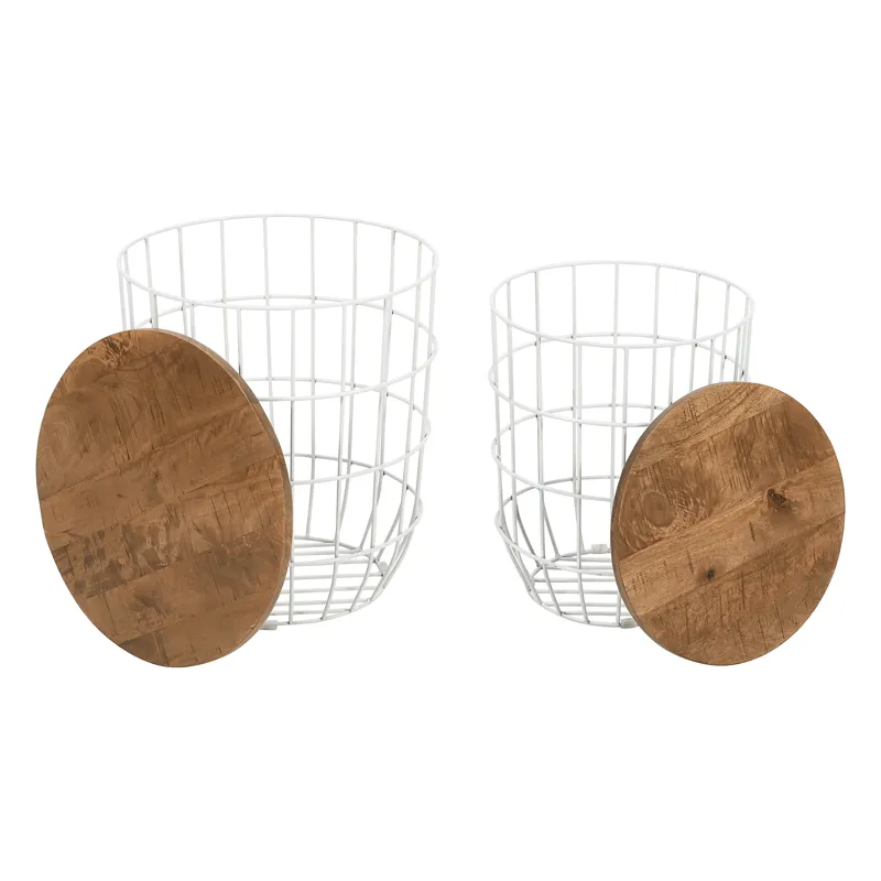 Global Archive Nested Storage Solid Wood And Metal Basket End Tables(Set Of 2)