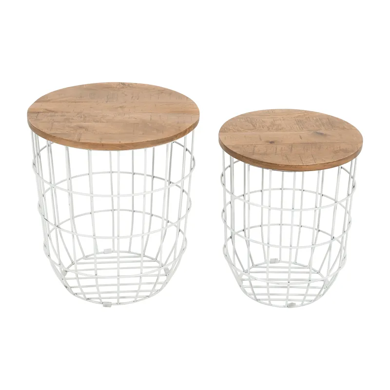 Global Archive Nested Storage Solid Wood And Metal Basket End Tables(Set Of 2)