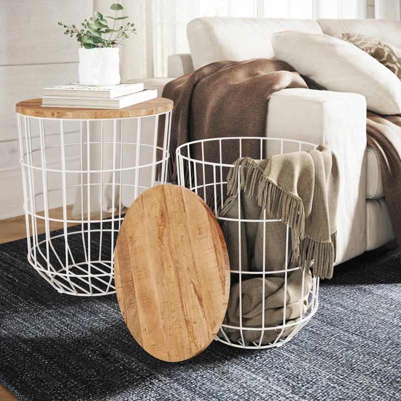 Global Archive Nested Storage Solid Wood And Metal Basket End Tables(Set Of 2)