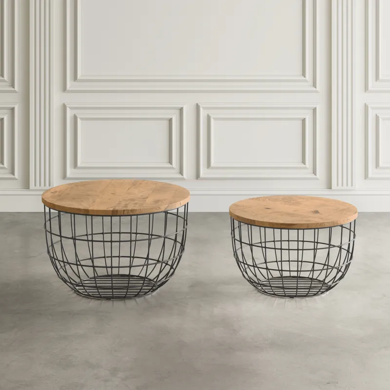 Global Archive Rondo Nested Storage Solid Wood And Metal Basket Coffee Tables(Set Of 2)