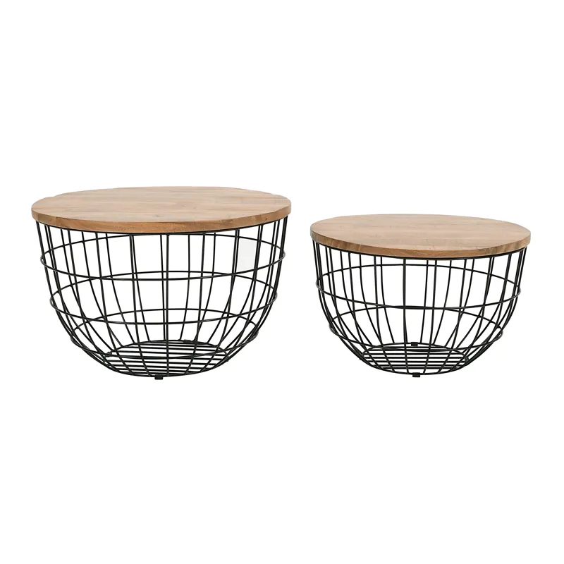 Global Archive Rondo Nested Storage Solid Wood And Metal Basket Coffee Tables(Set Of 2)