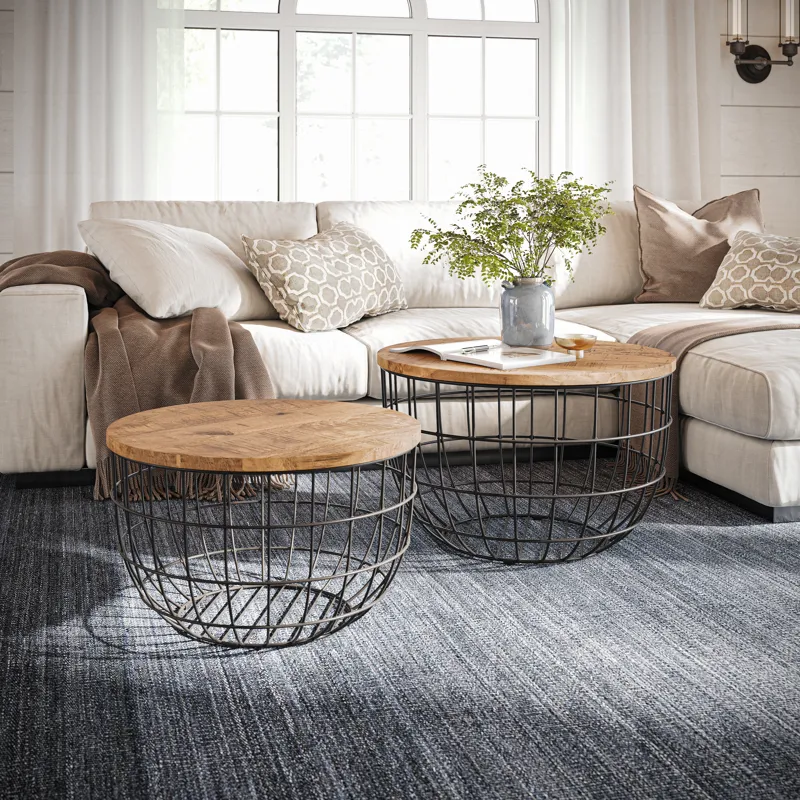 Global Archive Rondo Nested Storage Solid Wood And Metal Basket Coffee Tables(Set Of 2)