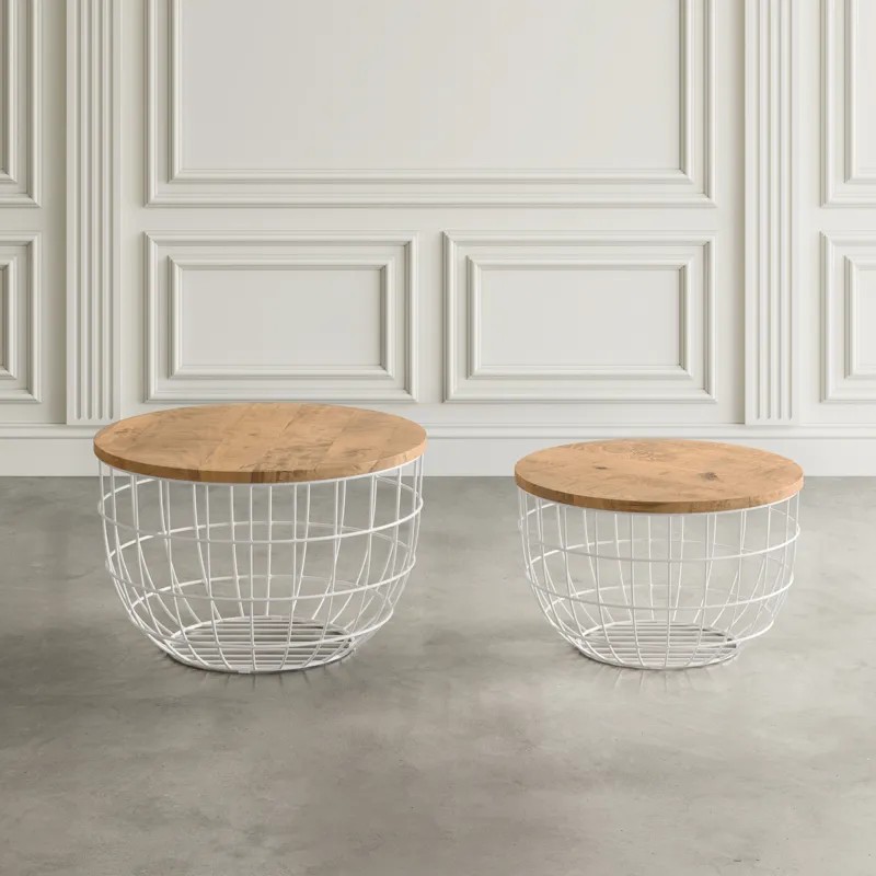 Global Archive Rondo Nested Storage Solid Wood And Metal Basket Coffee Tables(Set Of 2)