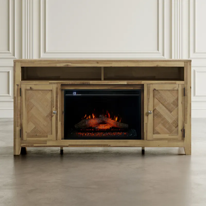 Fairview Modern Transitional 60\" Chevron Fireplace Storage Console TV Stand With Electric Fireplace