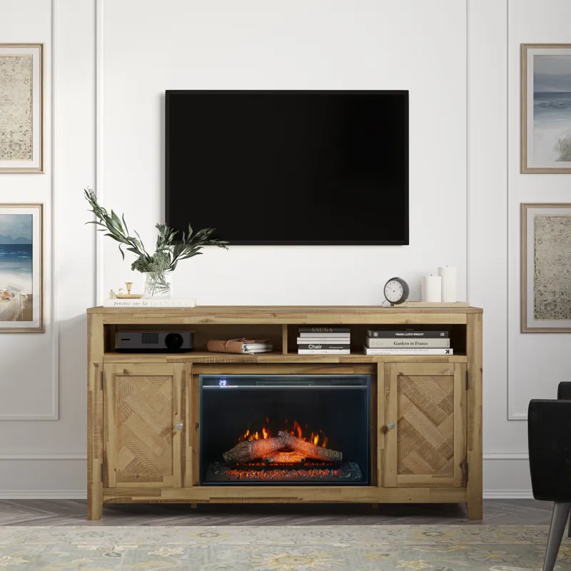 Fairview Modern Transitional 60\" Chevron Fireplace Storage Console TV Stand With Electric Fireplace