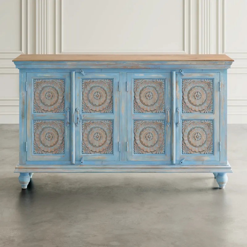 Marchand 71\" Solid Wood Boho Distressed Sideboard Cabinet With Artisan Carved Doors