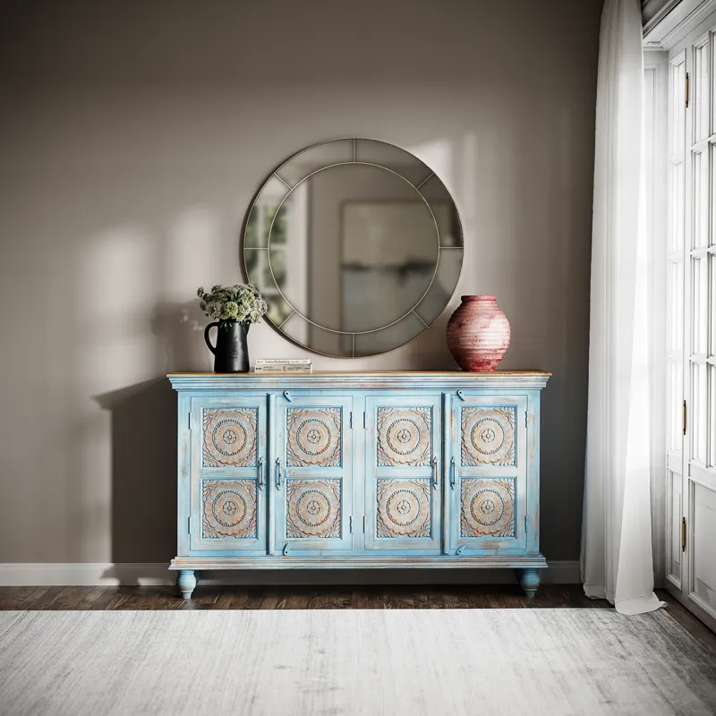 Marchand 71\" Solid Wood Boho Distressed Sideboard Cabinet With Artisan Carved Doors