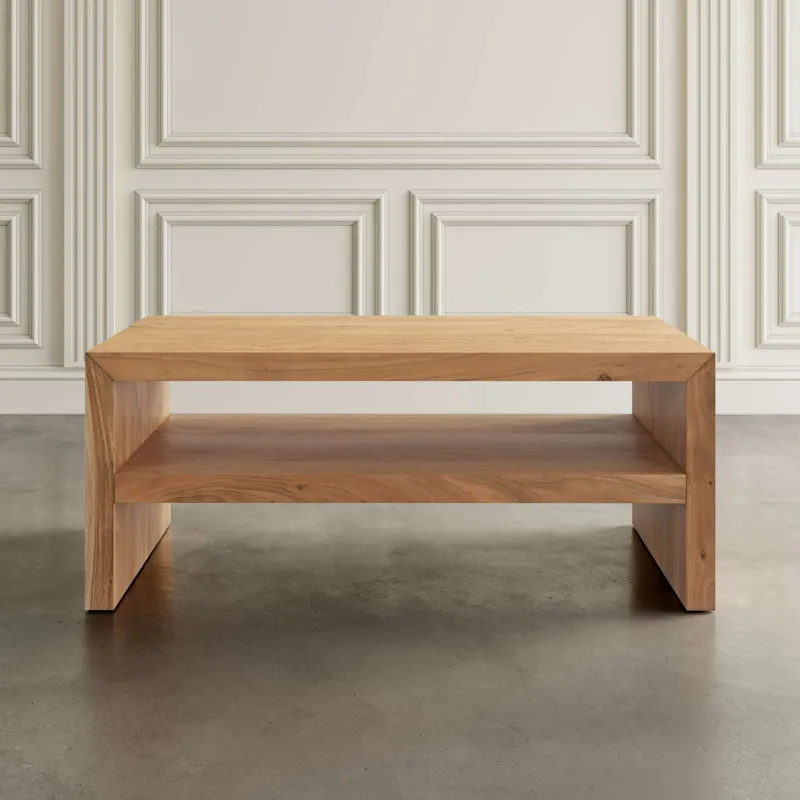 Dev Modern Mitered Edge Three Piece Solid Wood Living Room Coffee And End Table Set