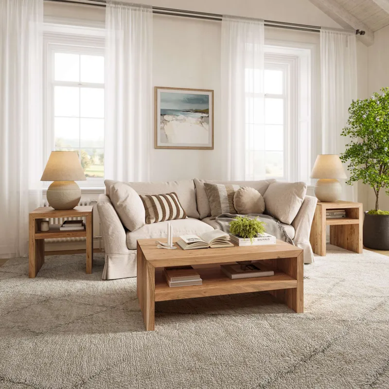 Dev Modern Mitered Edge Three Piece Solid Wood Living Room Coffee And End Table Set