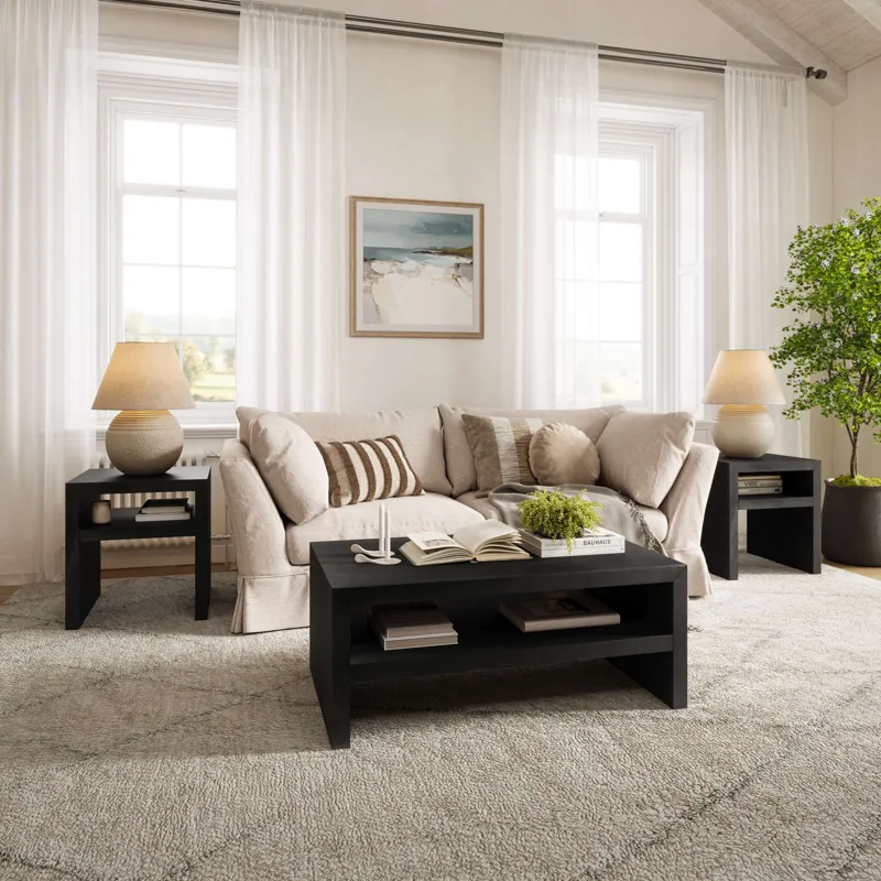 Dev Modern Mitered Edge Three Piece Solid Wood Living Room Coffee And End Table Set