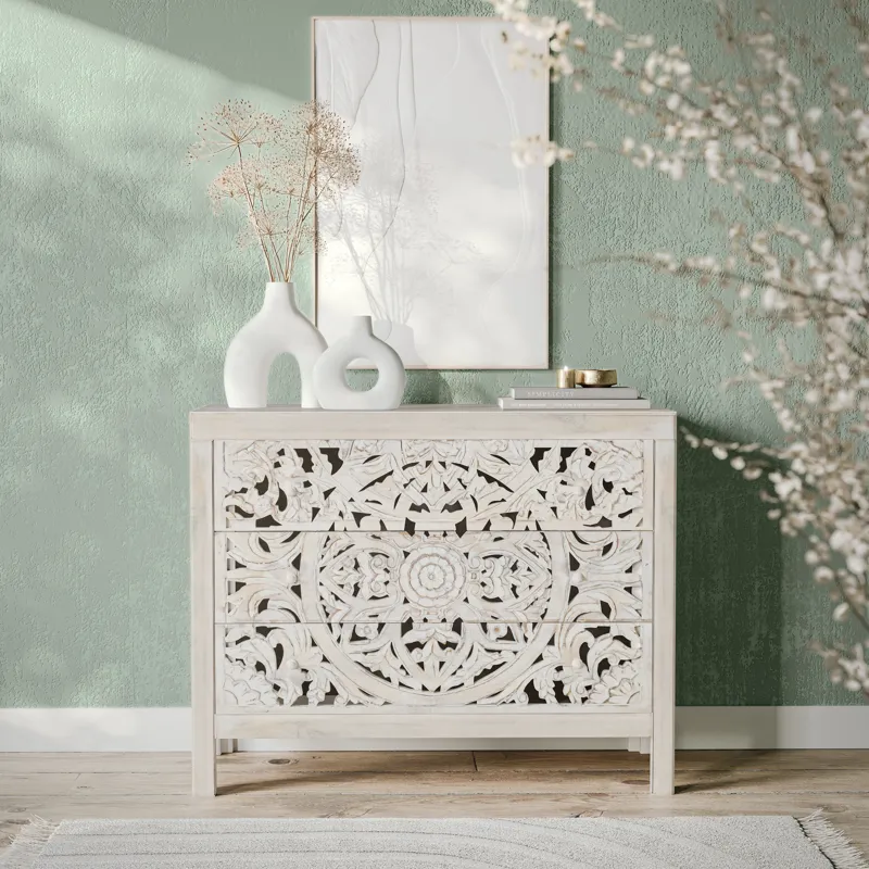 Jolie Rustic Solid Wood Global Boho Hand Carved Accent Chest With Three Drawers