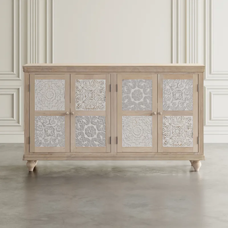Adele 71\" Hand Carved Solid Wood Rustic Four-Door Sideboard Cabinet