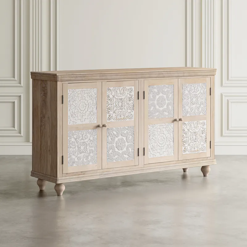 Adele 71\" Hand Carved Solid Wood Rustic Four-Door Sideboard Cabinet