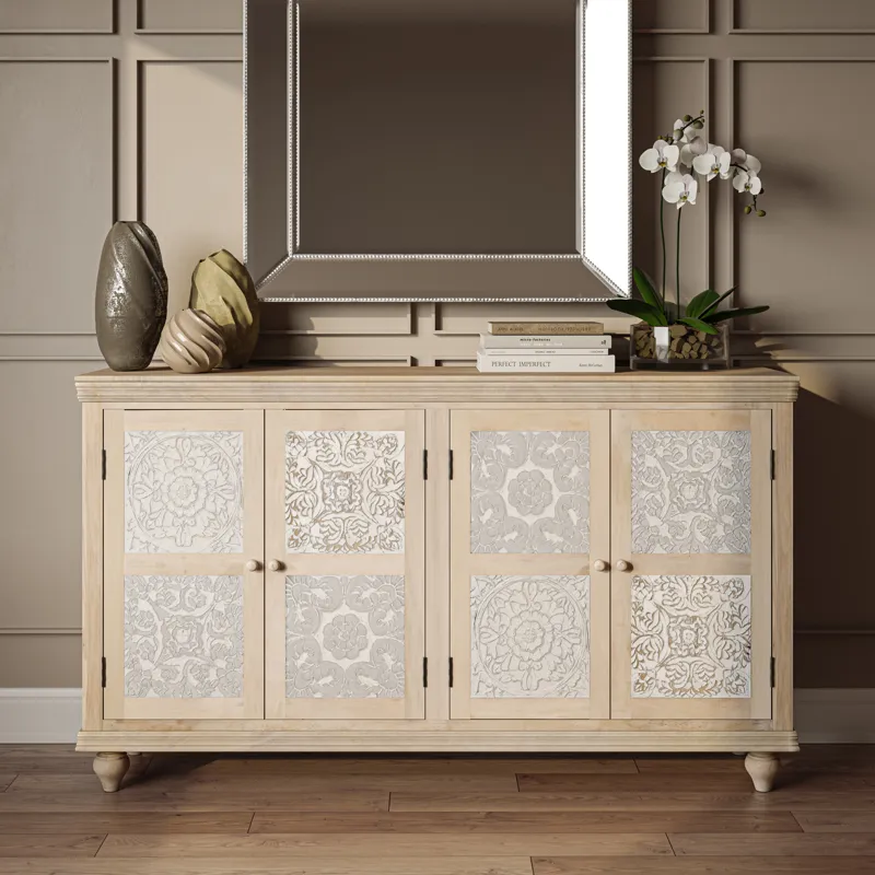 Adele 71\" Hand Carved Solid Wood Rustic Four-Door Sideboard Cabinet