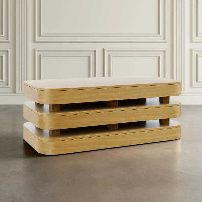 Brix Mid-Century Modern Floating Sculpture Layered Coffee Table With Caster Wheels