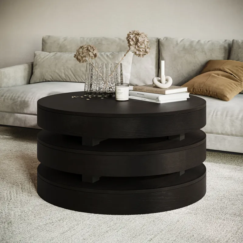 Brix Mid-Century Modern Floating Sculpture Round Layered Coffee Table With Caster Wheels