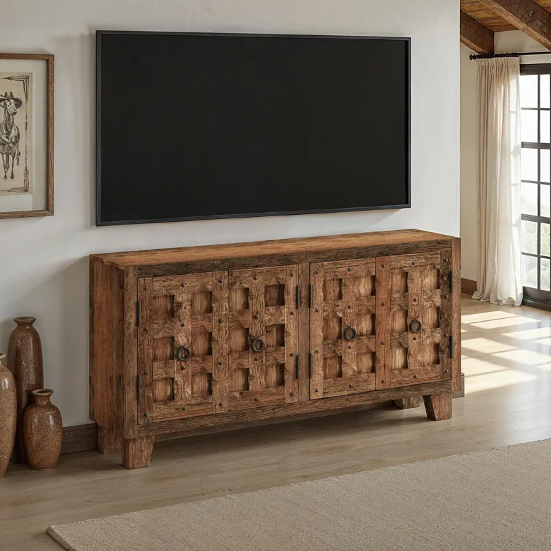 Colton 71\" Reclaimed Solid Wood Four Door Accent Storage Cabinet Sideboard