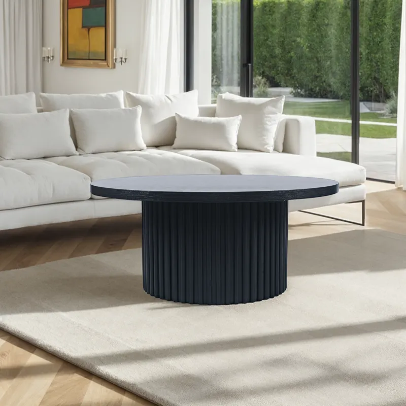 Auden 40\" Round Mid-Century Modern Fluted Pedestal Base Coffee Table With Caster Wheels