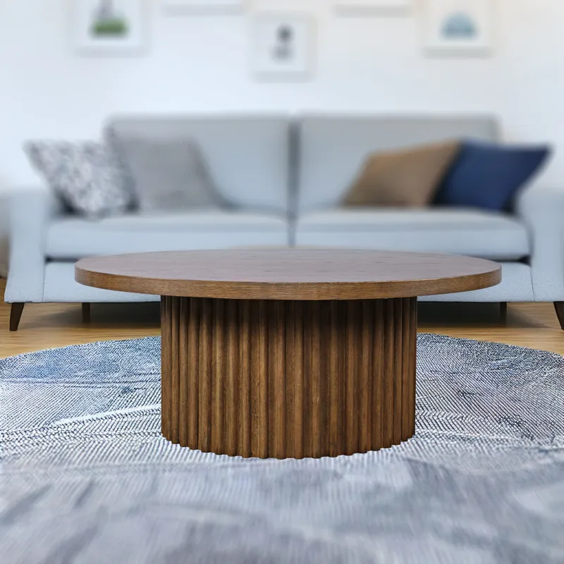 Auden 40\" Round Mid-Century Modern Fluted Pedestal Base Coffee Table With Caster Wheels