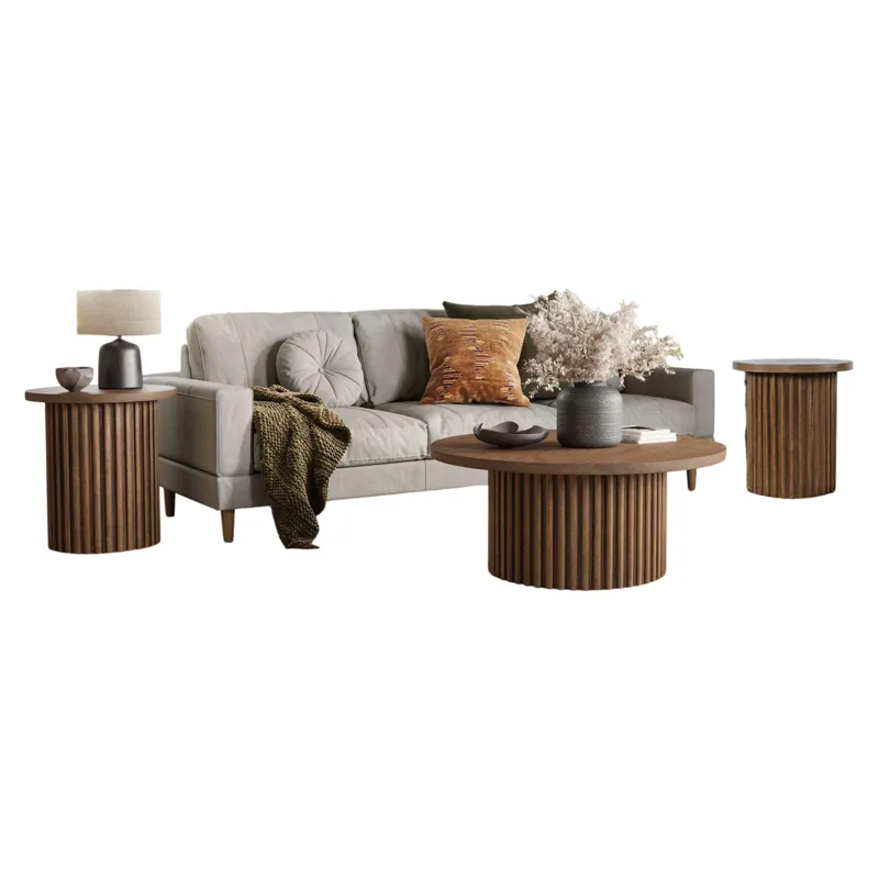 Auden Three Piece Mid-Century Modern Fluted Living Room Coffee And End Table Set