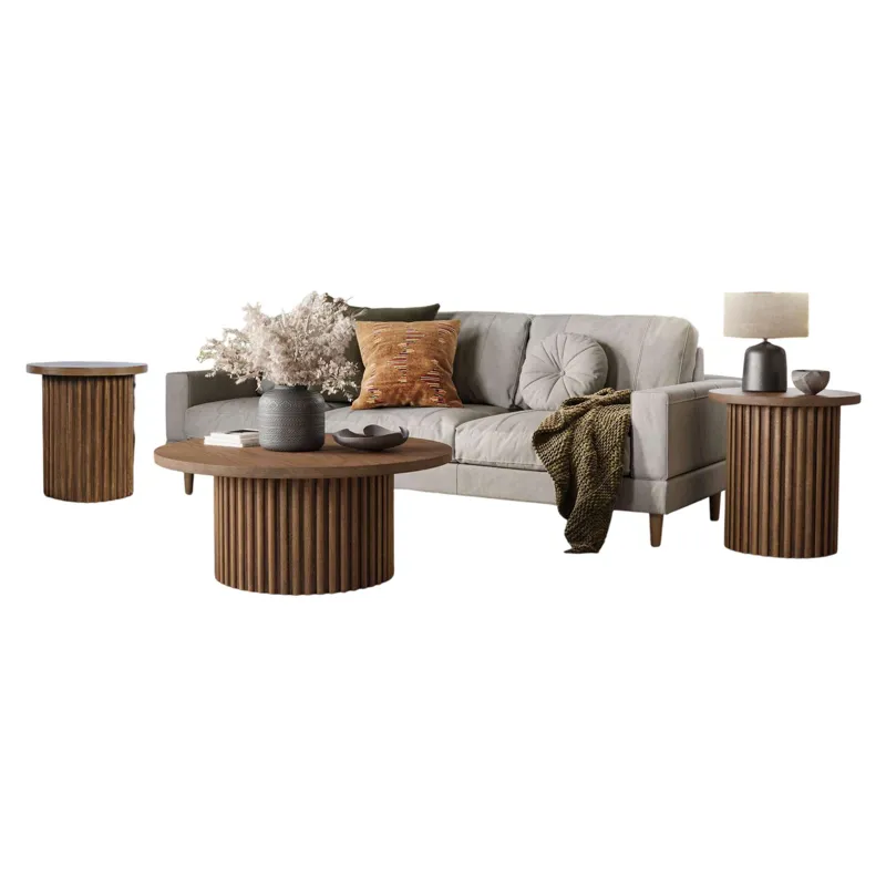 Auden Three Piece Mid-Century Modern Fluted Living Room Coffee And End Table Set