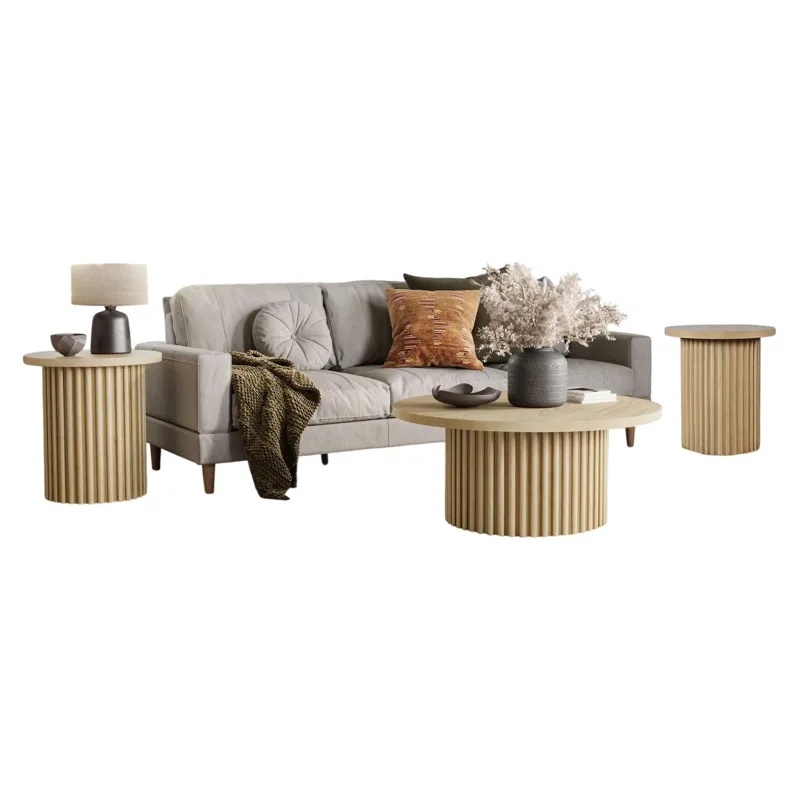 Auden Three Piece Mid-Century Modern Fluted Living Room Coffee And End Table Set