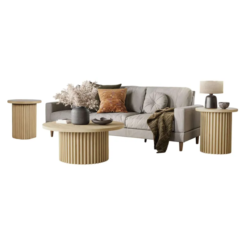 Auden Three Piece Mid-Century Modern Fluted Living Room Coffee And End Table Set