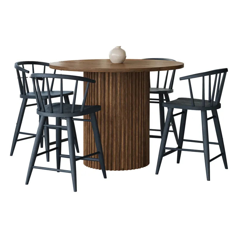Auden Mid-Century Modern 5-Piece Counter Height Dining Set With Round Table And Spindle Back Barstoo