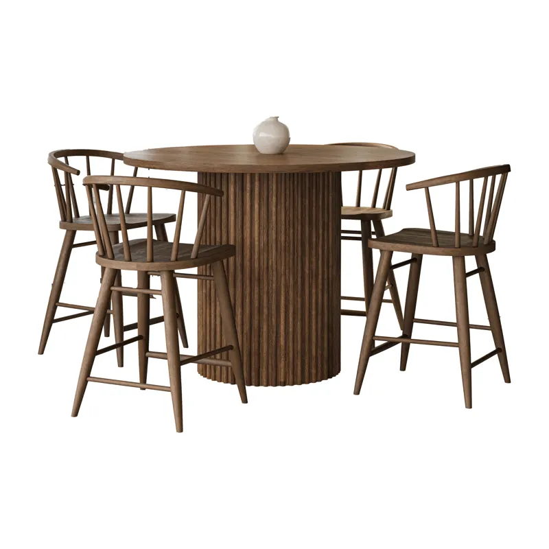 Auden Mid-Century Modern 5-Piece Counter Height Dining Set With Round Table And Spindle Back Barstoo